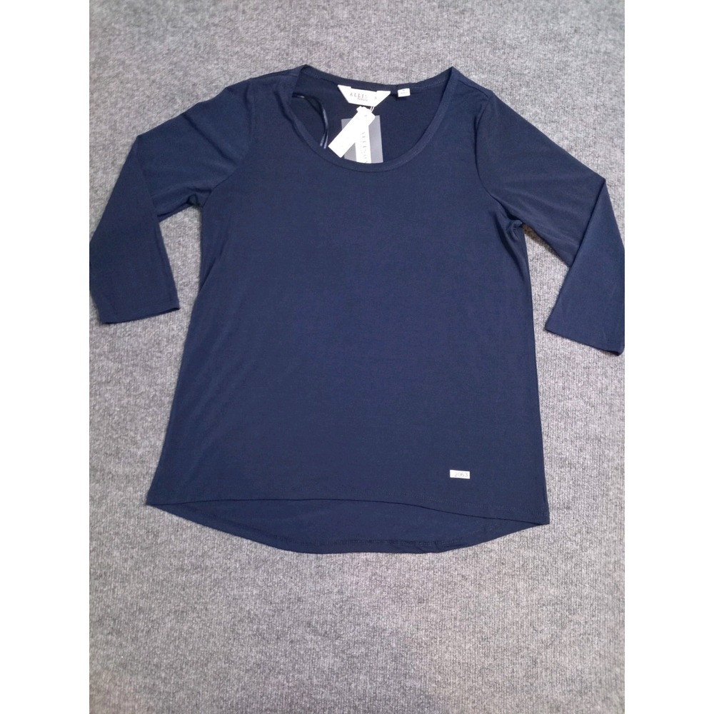 Allison Taylor Womens Medium Navy Blue Sheer Blouse 3/4 Sleeve Scoop Neck Top